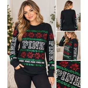 Victoria's Secret PINK Christmas Sequin Long Sleeve Shirt Black Medium Holiday
